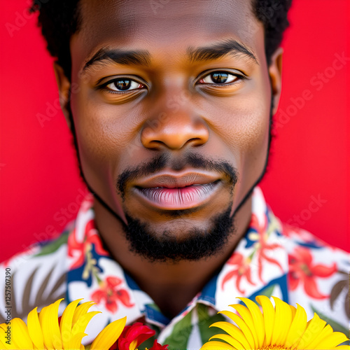 Close up of calm young African American man, wears in Hawaiian shirt, looks at the camera, holds yellow and red flowers, stands over red background. photo