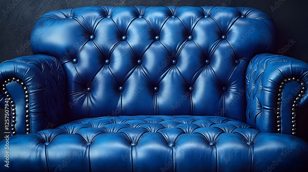 Obraz premium Luxurious blue leather chesterfield sofa with tufted design and silver nailhead trim against a dark backdrop.