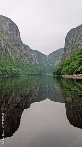 Serene mountain landscape reflecting in calm waters, showcasing lush greenery and rocky cliffs