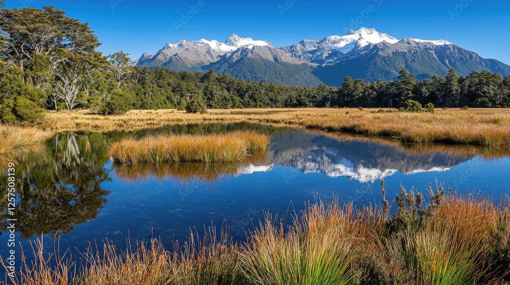 Serene mountain landscape reflecting in calm waters, surrounded by lush greenery and golden grass Serene mountain landscape reflecting in calm waters, surrounded by lush greenery and golden grass