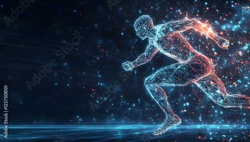 Abstract digital runner, futuristic motion graphic, glowing particles, technology background