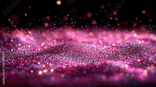 Vibrant pink and blue glitter particles creating a sparkling landscape with bokeh effects