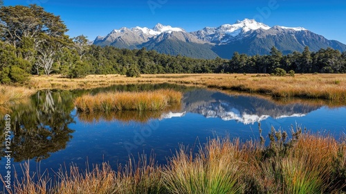 Serene mountain landscape reflecting in calm waters, surrounded by lush greenery and golden grass