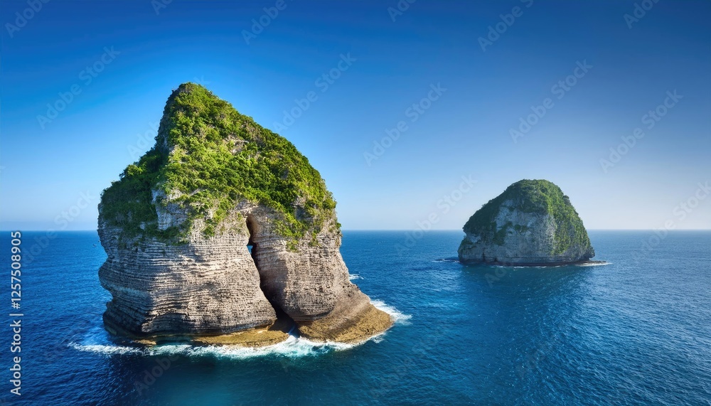 Fototapeta premium Unique sea cliffs with two limestone formations covered in greenery