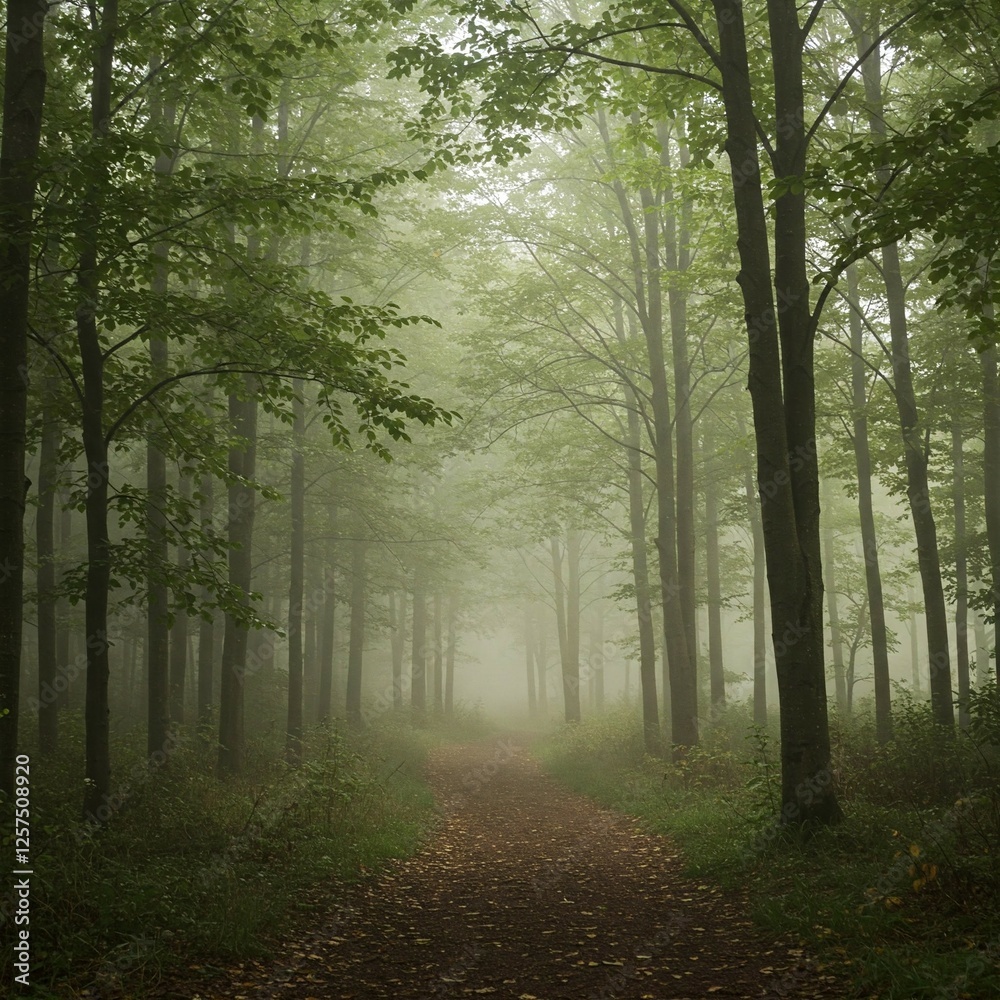 Fototapeta premium Tranquil Woodland Scene with Sunlight Filtering Through Trees