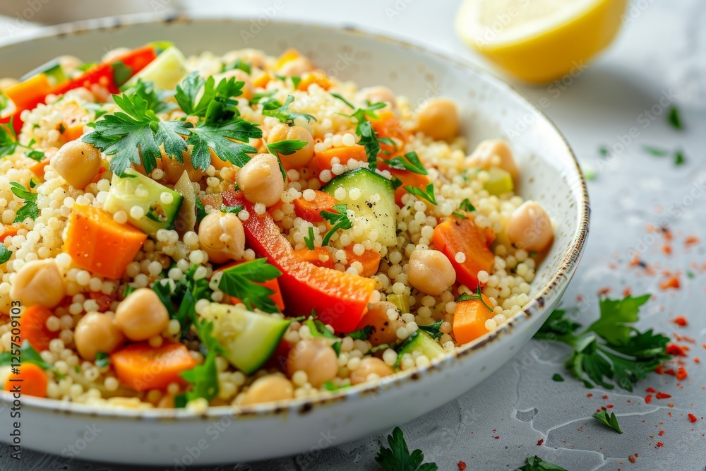 Colorful couscous salad with fresh vegetables. AI generated