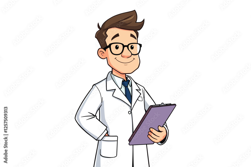 Illustration of a scientist in a lab coat, standing with a clipboard, on a white background 2 Illustration of a scientist in a lab coat, standing with a clipboard, on a white background 2