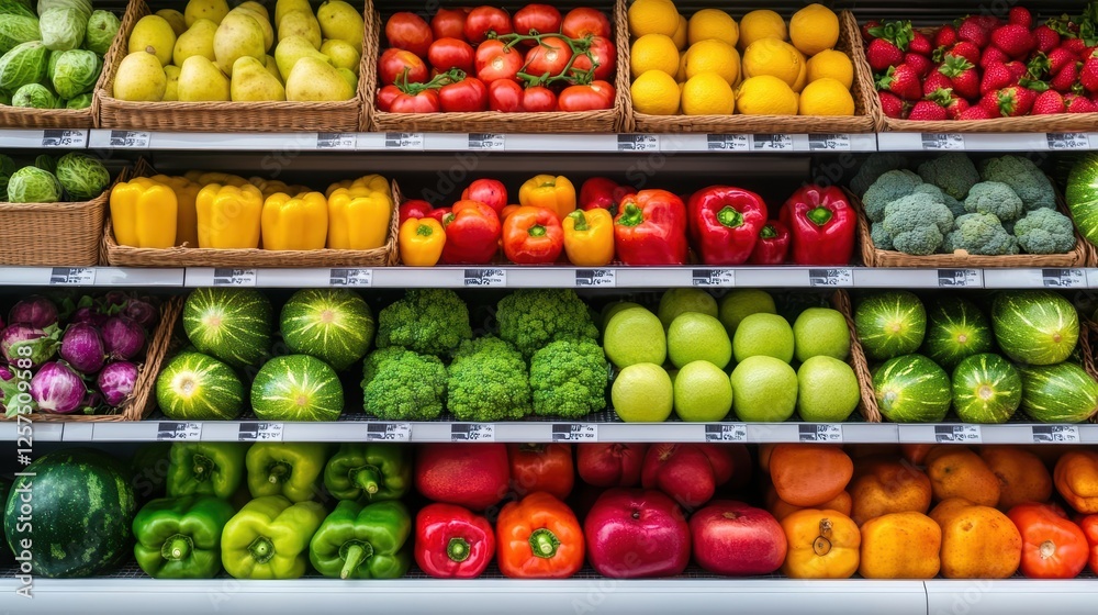 Variety of fresh fruits and vegetables displayed in a supermarket produce section Variety of fresh fruits and vegetables displayed in a supermarket produce section