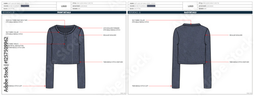 Fotografie Women Long Sleeve Henley Crop T-shirt Fashion Design Technical Tech Pack