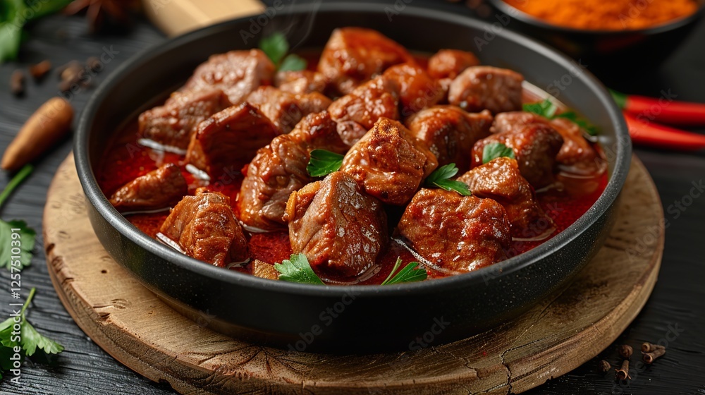 A pan of simmering lamb curry with spices. HD 8K wallpaper Photographic Image A pan of simmering lamb curry with spices. HD 8K wallpaper Photographic Image