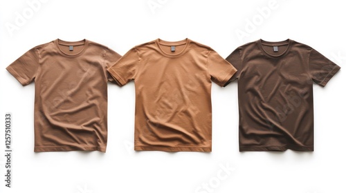 Three brown t-shirts in different shades, isolated on white background.