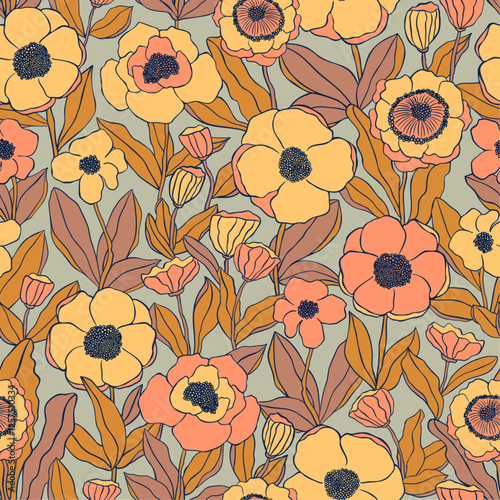 Beautiful floral seamless pattern with hand-drawn flowers