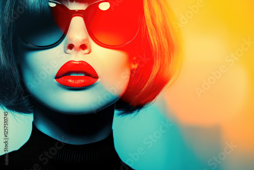 Stilvolles Porträt einer Frau mit roter Sonnenbrille und leuchtenden Farben im modernen Pop-Art-Stil photo