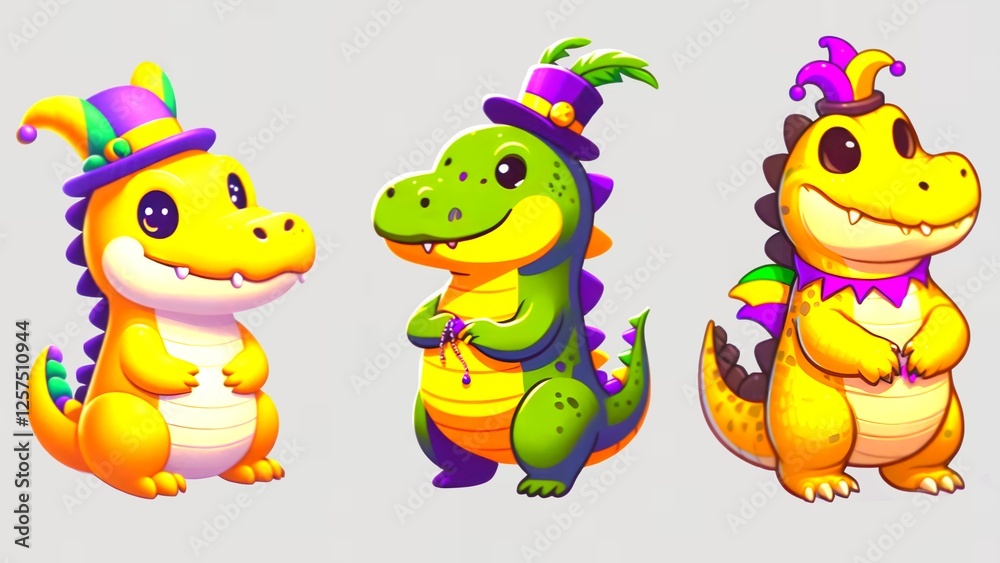 Obraz premium adorable cheerful cartoon aligators in festive attire, Mardi Gras tshirt design graphic elements