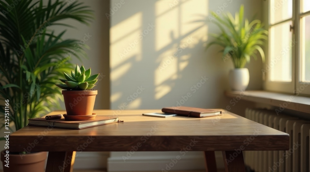 Fototapeta premium Sunlit Workspace Serenity A Small Succulent Plant in a Terracotta Pot Rests on a Wooden Table Beside Notebooks and a Cell Phone, Bathed in Warm Sunlight Streaming Through a Window.