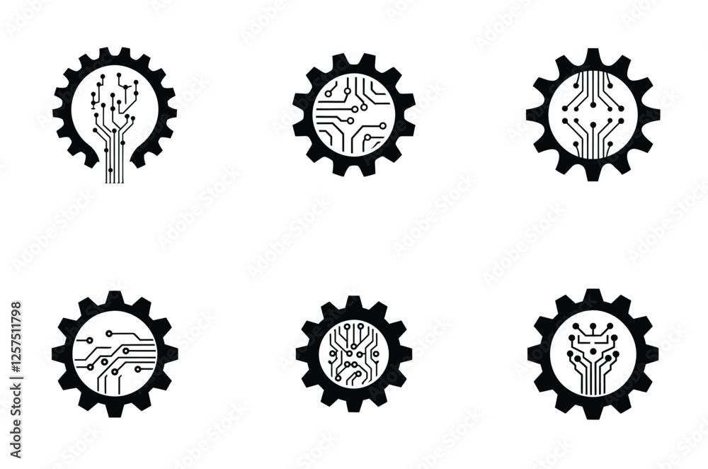 Circuit Board and Gear icon and logo design vector silhouette set for Technology and Electronics Circuit Board and Gear icon and logo design vector silhouette set for Technology and Electronics