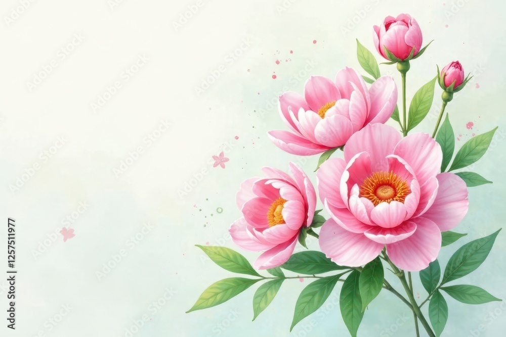 Obraz premium Delicate Pink Peonies Blossom with Soft Watercolor Background and Gentle Color Splashes