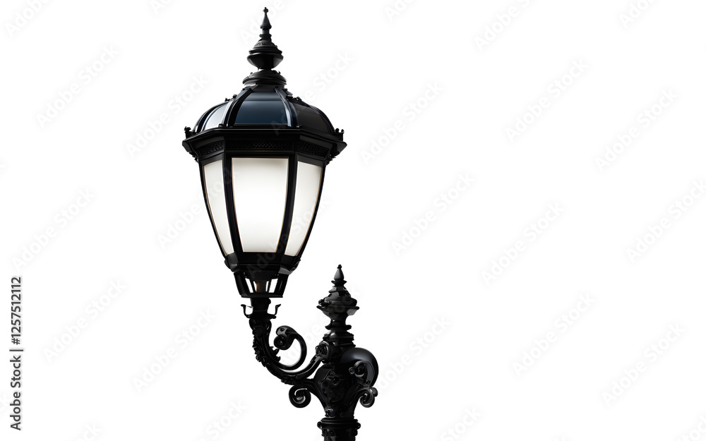 A classic black street lamp with an ornate design, isolated on a empty plain background A classic black street lamp with an ornate design, isolated on a empty plain background