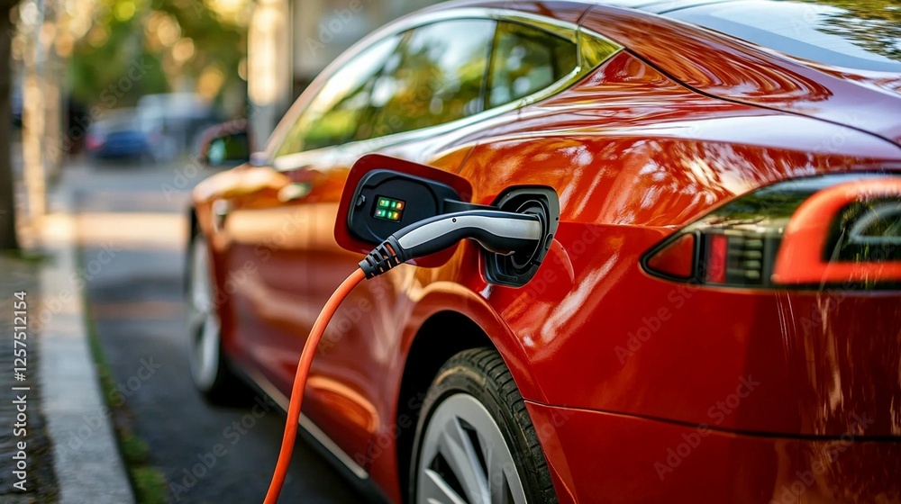 Red EV Charging on City Street Red EV Charging on City Street