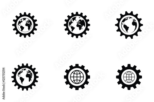 Globe Inside Gear  icon and logo design vector silhouette set for Global Industry and Business Solutions