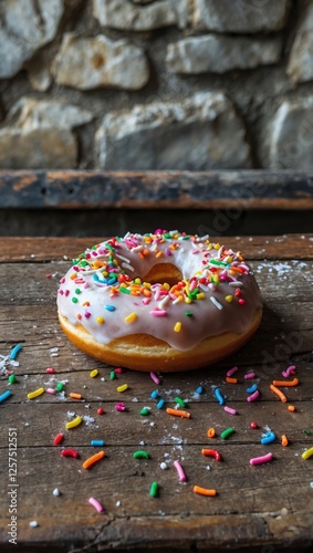 Colorful frosted donut on rustic wooden table with sprinkles. photo