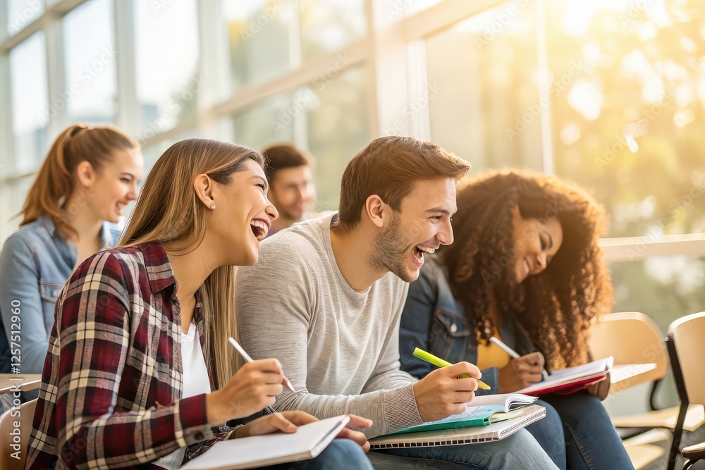 Group of diverse students laughing and taking notes in a bright classroom setting