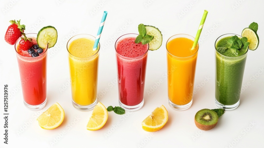 A colorful array of different smoothies displayed attractively, showcasing refreshing ingredients like strawberries, mangoes, blueberries, and greens. Perfect for a sunny day A colorful array of different smoothies displayed attractively, showcasing refreshing ingredients like strawberries, mangoes, blueberries, and greens. Perfect for a sunny day