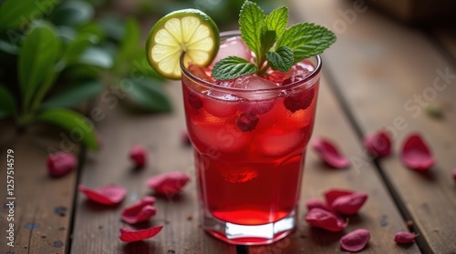 Refreshing glass of wonjo juice served over ice with lime and mint photo