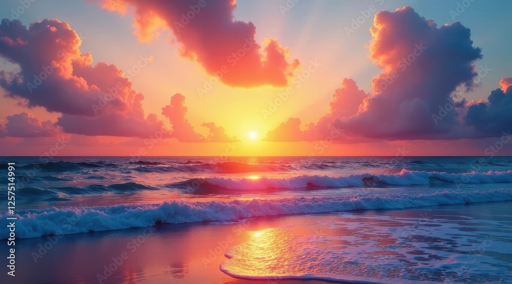 Obraz premium Serene Ocean Sunset Vibrant Hues of Pink and Orange Paint the Sky as Gentle Waves Lap the Shore