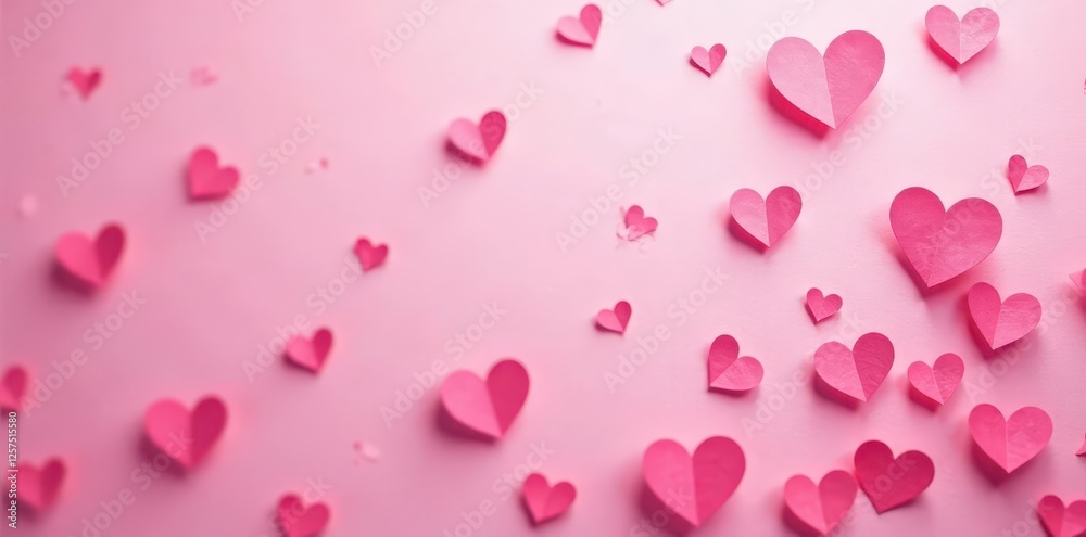 Scattered pink paper hearts, creating a light overlay , design element, shape, spring Scattered pink paper hearts, creating a light overlay , design element, shape, spring