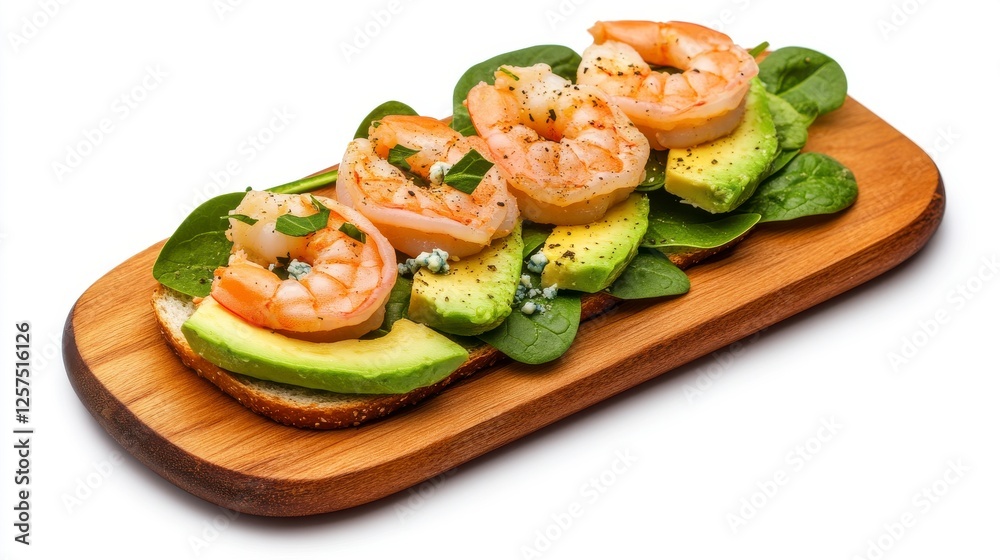 Gourmet Shrimp and Avocado Toast on Wooden Board Gourmet Shrimp and Avocado Toast on Wooden Board
