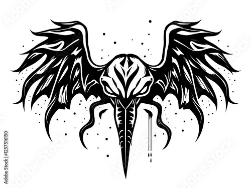 an image of a black and white drawing of a winged sword, there is a black and white drawing of a dragon with wings photo