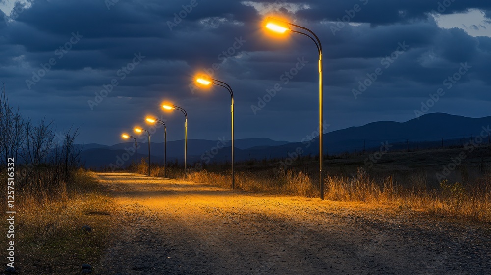 Gravel Road at Dusk Lit by Streetlights and Mountains Gravel Road at Dusk Lit by Streetlights and Mountains