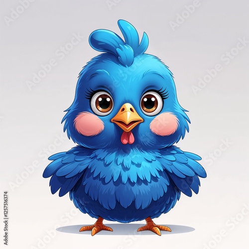 Cute blue chicken cartoon illustration on plain white background