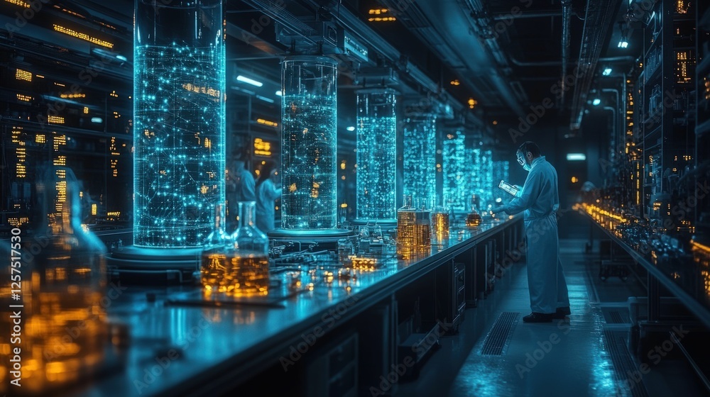 Futuristic lab, scientists explore glowing data streams.