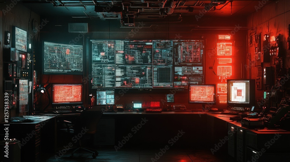 Futuristic control room, red and blue digital displays. Futuristic control room, red and blue digital displays.