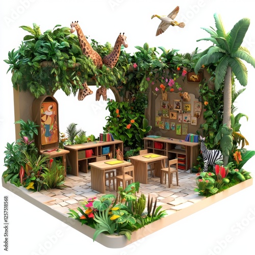 Charming Jungle Library with Giraffes, Tropical Plants, Vibrant Flowers, and Cozy Reading Corners in a Fun Environment photo