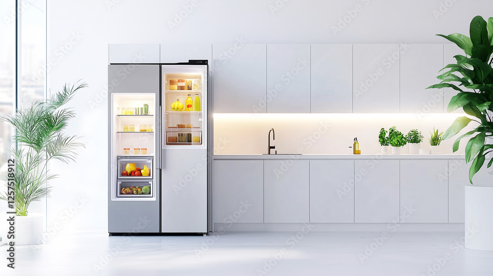 Modern Kitchen with Sleek Refrigerator and Minimalist Design – Perfect for Interior Design Inspiration and Home Decor Modern Kitchen with Sleek Refrigerator and Minimalist Design – Perfect for Interior Design Inspiration and Home Decor