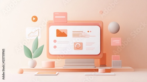Pastel desktop computer displaying data, website design, minimal background