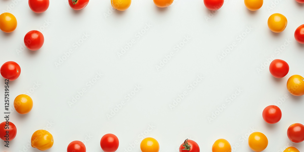 Draufsicht auf einen Rahmen mit Tomaten und mit Platz für Text in der Mitte - Werbeschild Draufsicht auf einen Rahmen mit Tomaten und mit Platz für Text in der Mitte - Werbeschild