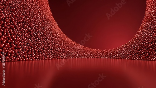 A vibrant red space filled with spherical shapes, creating a dynamic and immersive environment