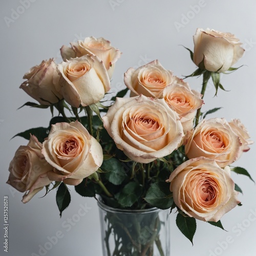 A bouquet of roses wrapped in soft light from the starry sky, set in an untouched, white background.