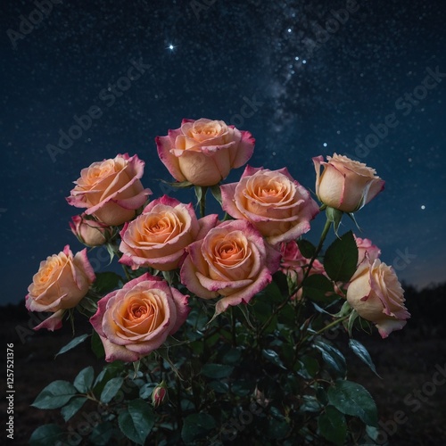A magical bouquet of roses glowing softly under a starry sky, with soft light illuminating their vibrant petals.