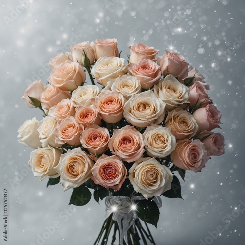 A dreamy rose bouquet in full bloom surrounded by a sea of soft stars, with a white, pure background enhancing its beauty..