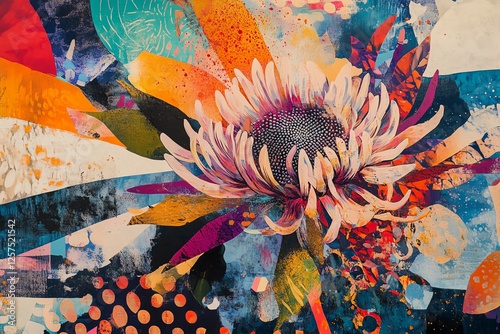 A vibrant flower chrysanthemum with colorful abstract patterns surrounding it.