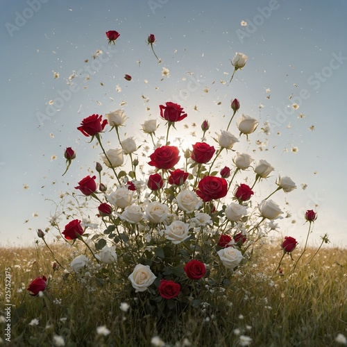 A bouquet of roses floating delicately in a star-filled meadow, with a pure white background giving a sense of serenity.