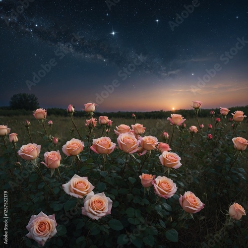 A bouquet of roses swaying in the meadow, under a vast, starlit sky with only stars and soft moonlight for illumination.