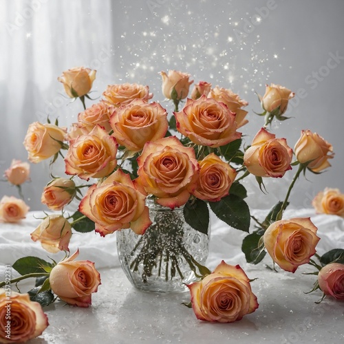 A radiant bunch of roses gently bathed in the light of a thousand stars, set against a simple white backdrop.