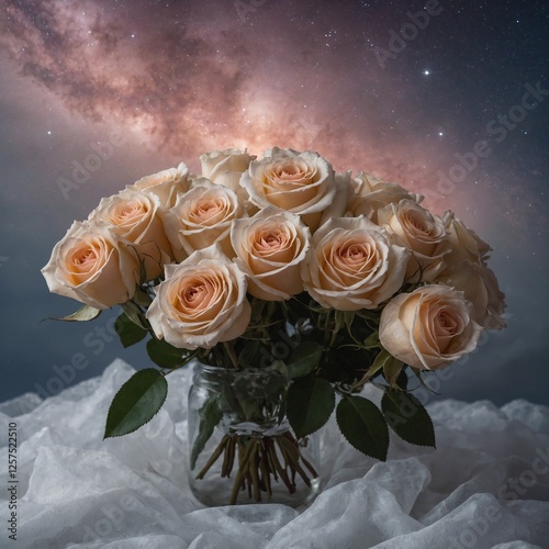 A delicate, freshly picked rose bouquet against the backdrop of a glowing starry sky, with pure white space surrounding.