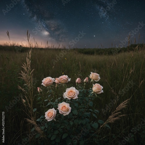 A serene bouquet of roses surrounded by tall meadow grasses, with a starry sky forming a soft halo behind them.